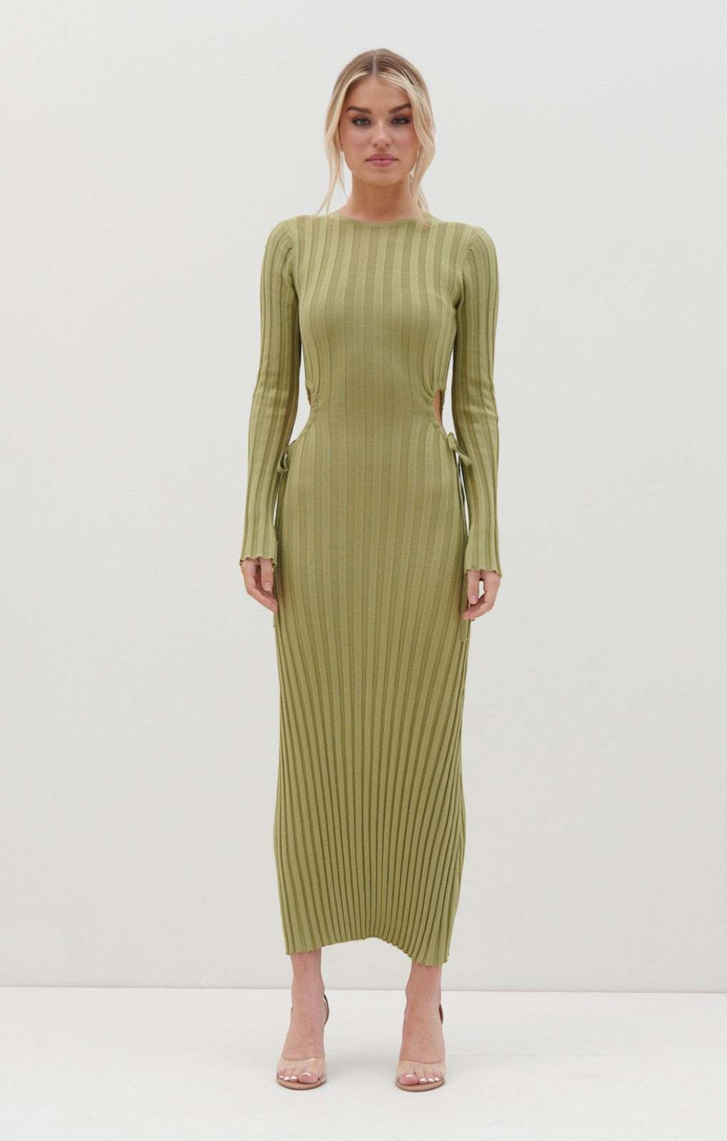 Pretty Lavish Dahlia Cut Out Maxi Knit Dress in Tarragon Green – dresses by Pretty Lavish, available to rent from Hirestreet