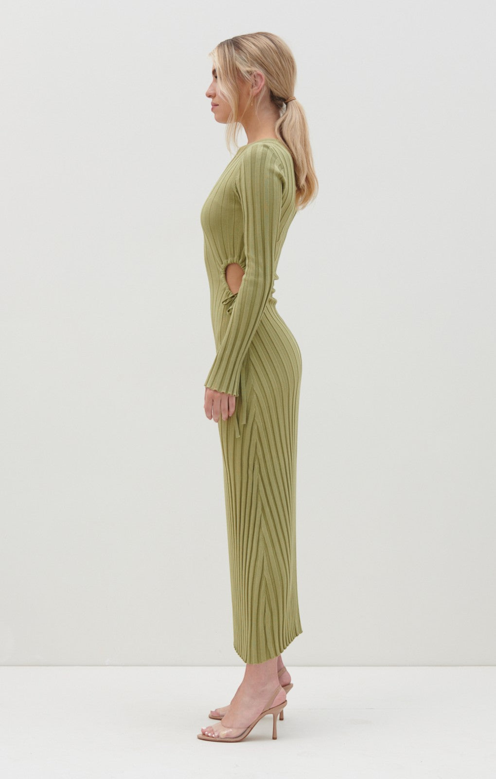 Pretty Lavish Dahlia Cut Out Maxi Knit Dress in Tarragon Green – dresses by Pretty Lavish, available to rent from Hirestreet