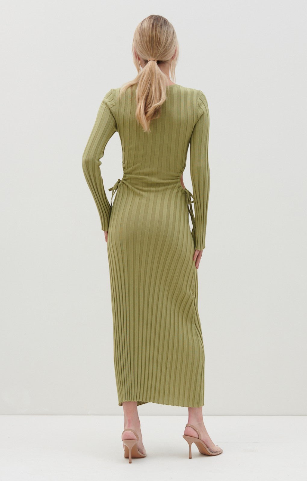 Pretty Lavish Dahlia Cut Out Maxi Knit Dress in Tarragon Green – dresses by Pretty Lavish, available to rent from Hirestreet