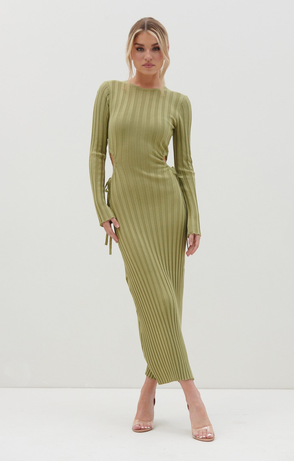 Pretty Lavish Dahlia Cut Out Maxi Knit Dress in Tarragon Green – dresses by Pretty Lavish, available to rent from Hirestreet