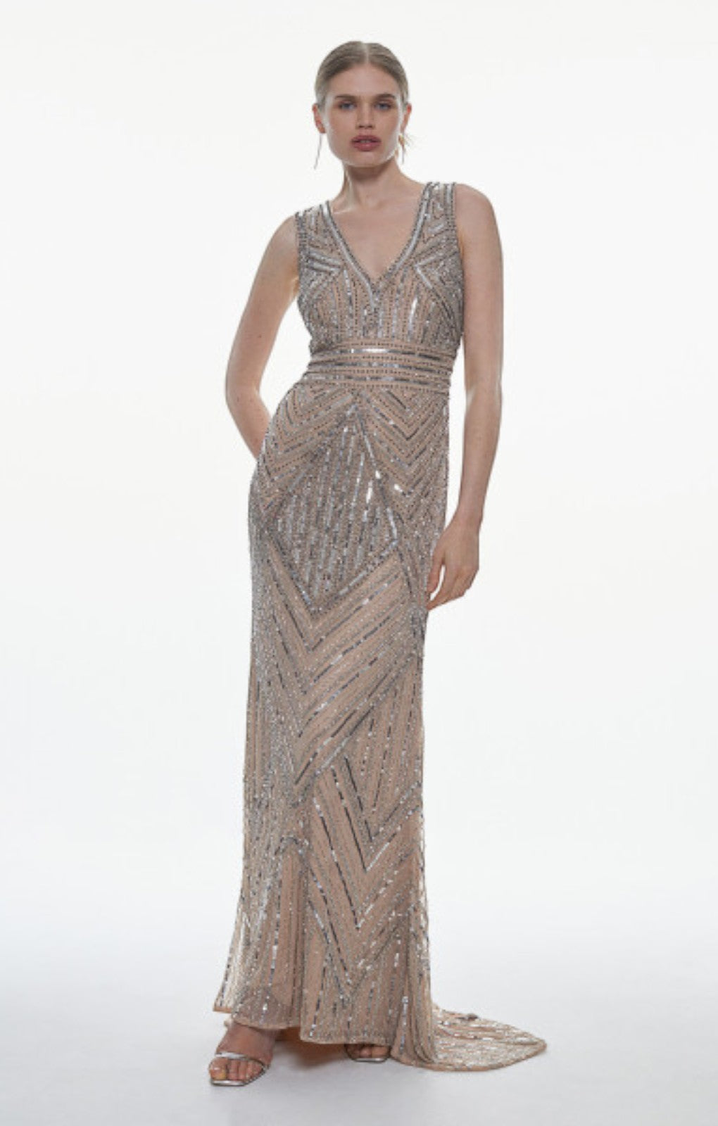 Karen Millen Deco Crystal Embellished Front Slit Dress – dresses by Karen Millen, available to rent from Hirestreet