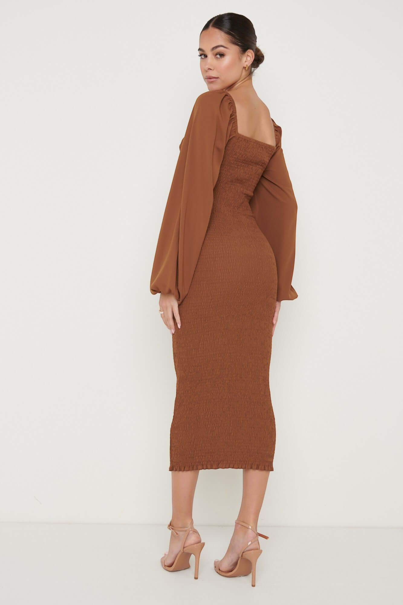 Pretty Lavish Delilah Sweetheart Brown Shirred Dress