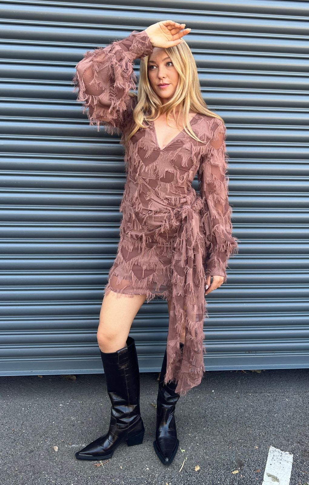 ASOS DESIGN Fluffy V Neck Mini Dress With Tie Waist And Tie Back Detail In Brown