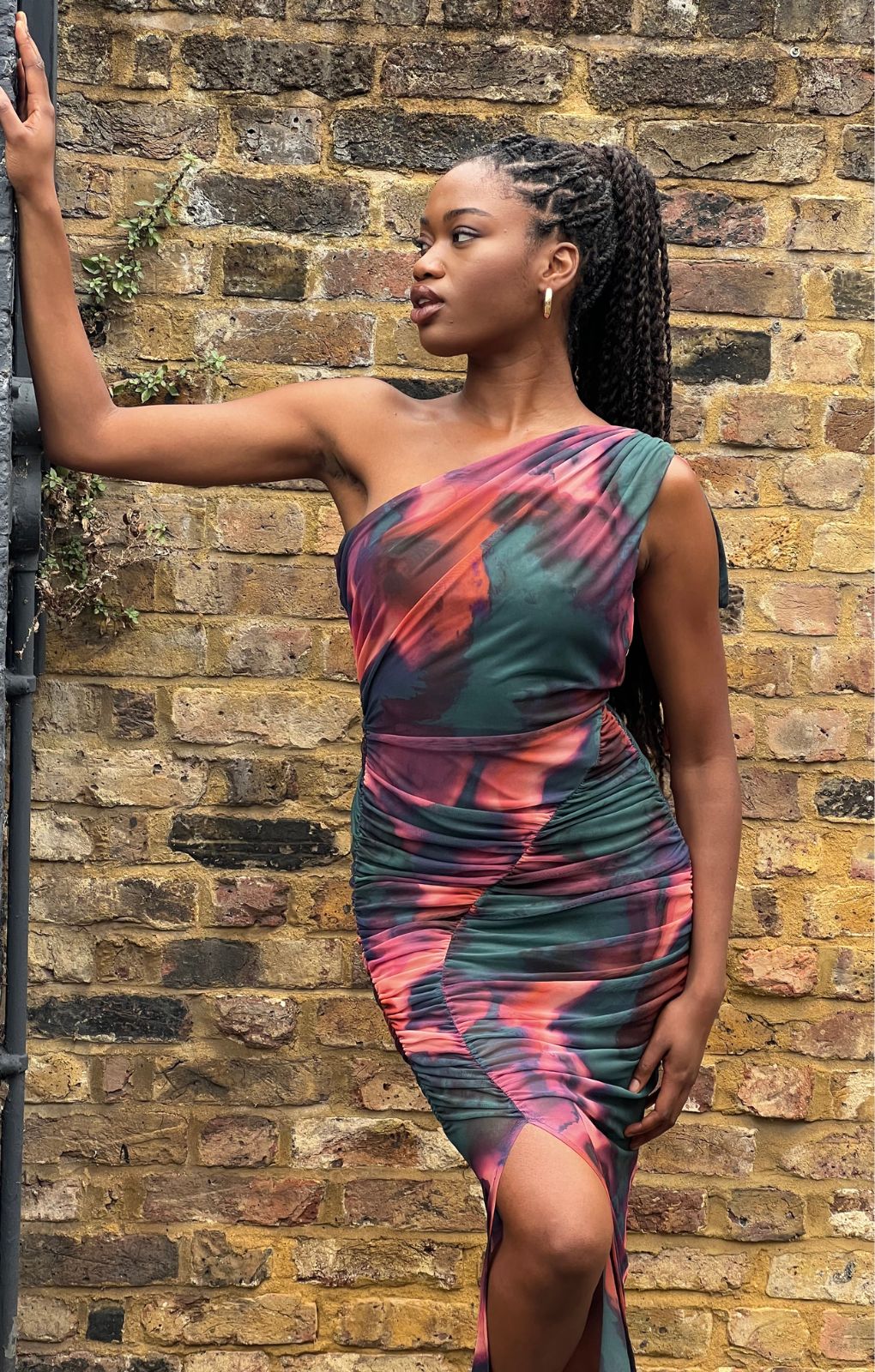 ASOS DESIGN One Shoulder Ruched Mesh Midi Dress In Pink And Green Abstract Print