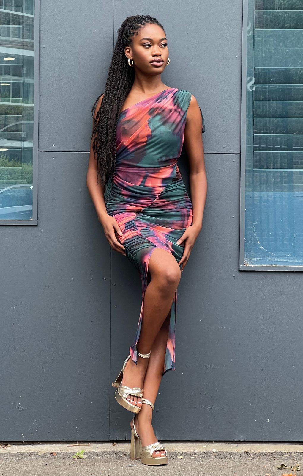 ASOS DESIGN One Shoulder Ruched Mesh Midi Dress In Pink And Green Abstract Print