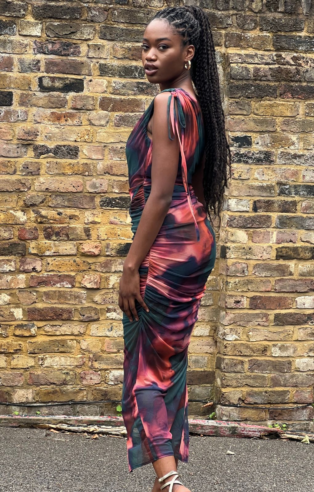 ASOS DESIGN One Shoulder Ruched Mesh Midi Dress In Pink And Green Abstract Print