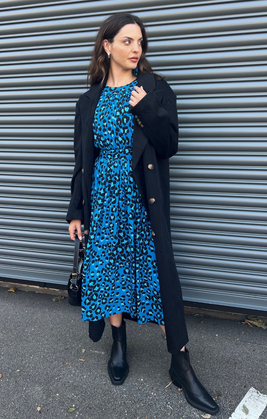 Whistles Flutter Sleeve Midi Dress In Midnight Leopard Print