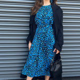 Whistles Flutter Sleeve Midi Dress In Midnight Leopard Print