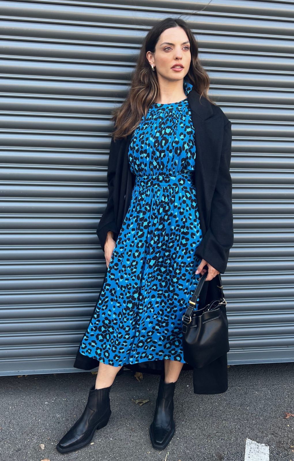 Whistles Flutter Sleeve Midi Dress In Midnight Leopard Print