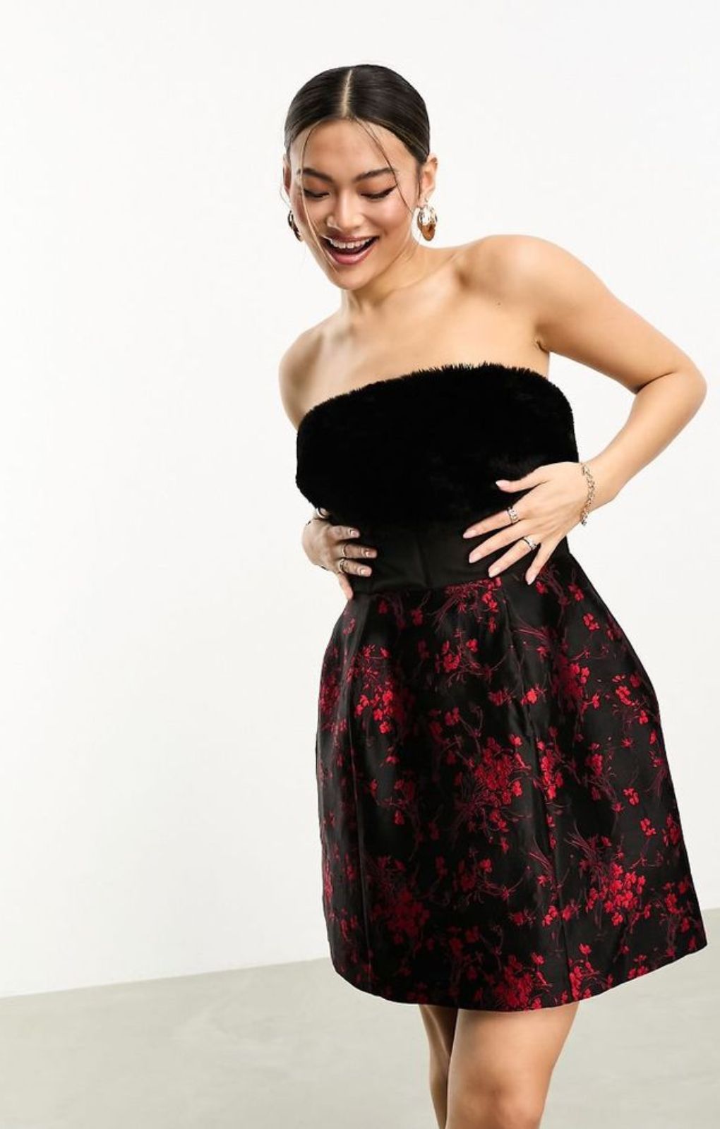 Rent ASOS Luxe Corseted Caged Skirt Mini Dress With Faux Fur Bust In Black  & Red Floral | Hirestreet
