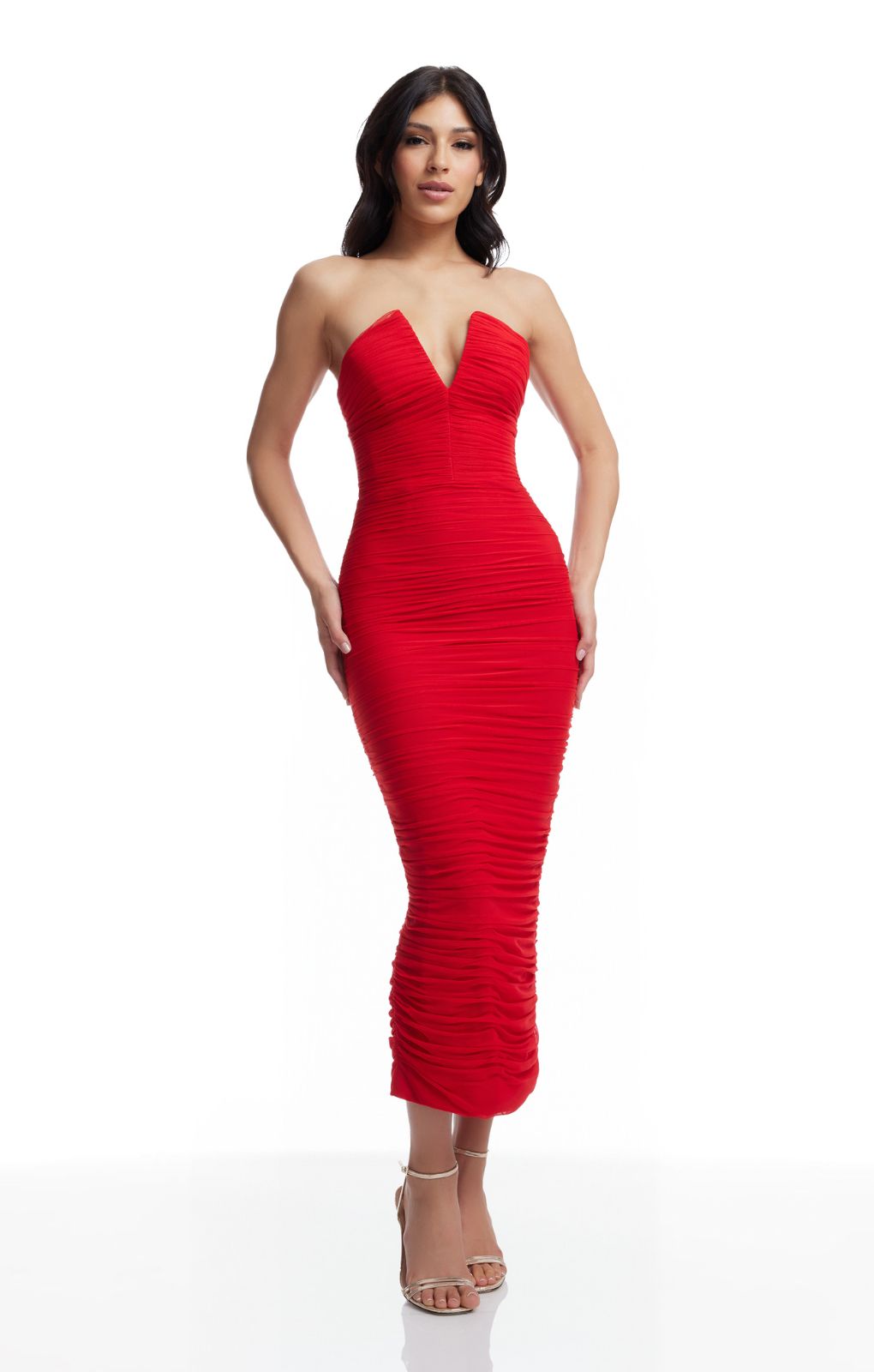 dress the population ferra strapless ruched fitted midi dress Dress the Population Ferra Dress Rogue / Medium