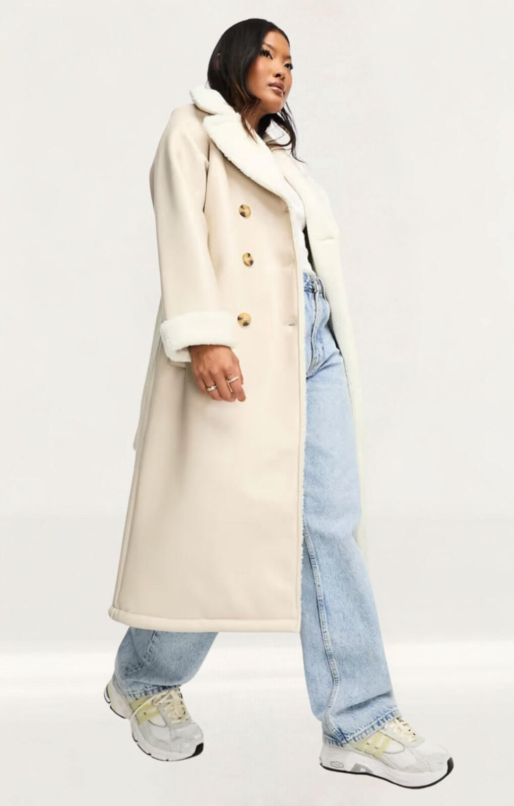 Threadbare Lois Longline Aviator Coat With Borg Trims In Stone