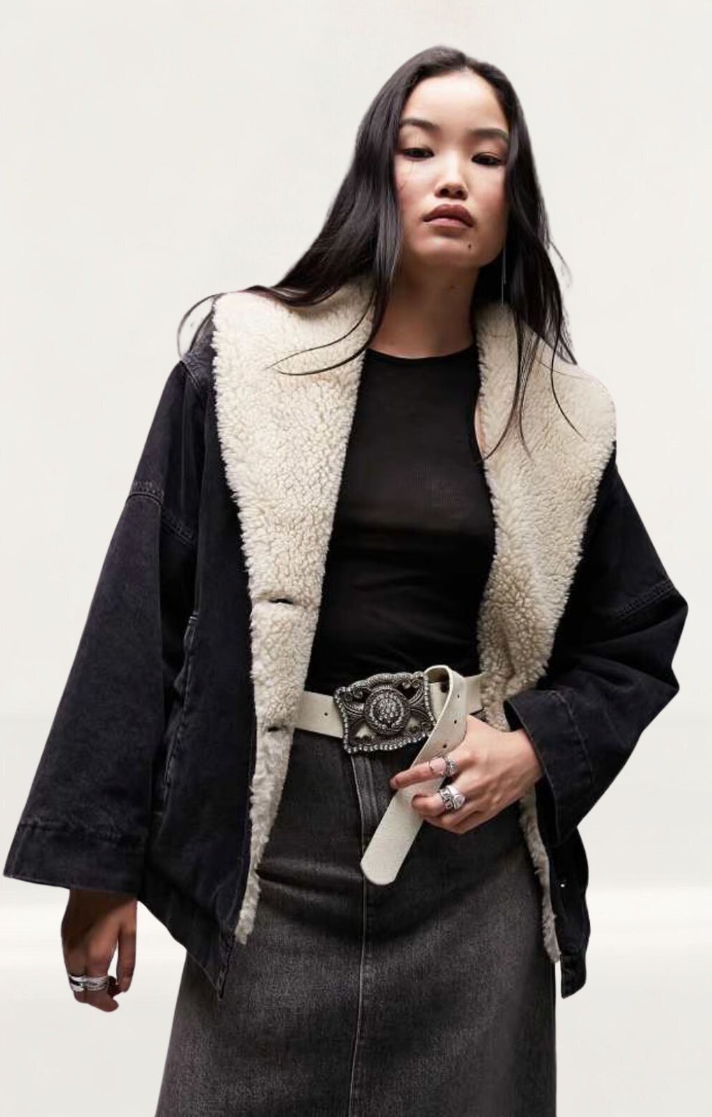Topshop Denim Chuck On Borg Coat In Washed Black