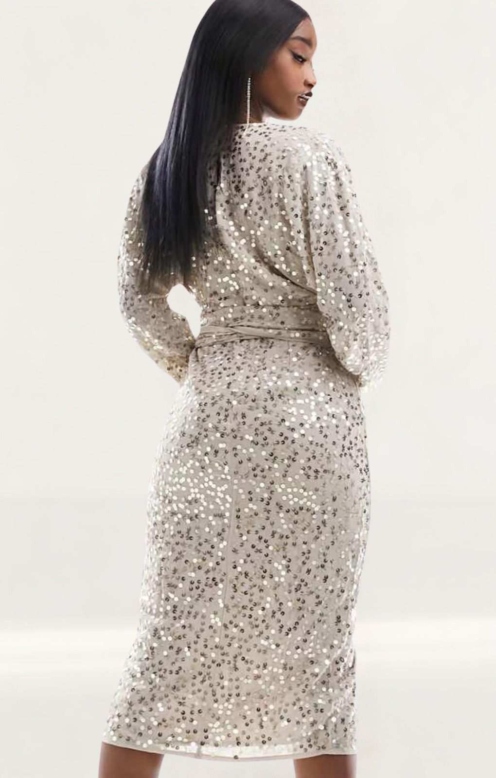 ASOS DESIGN Midi Dress With Batwing Sleeve And Wrap Waist In Scatter Sequin