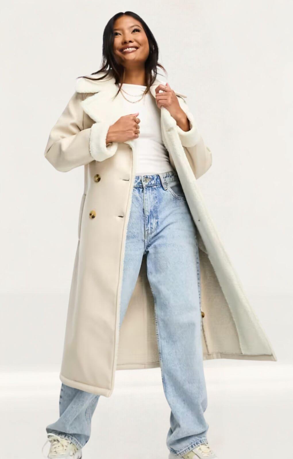 Threadbare Lois Longline Aviator Coat With Borg Trims In Stone