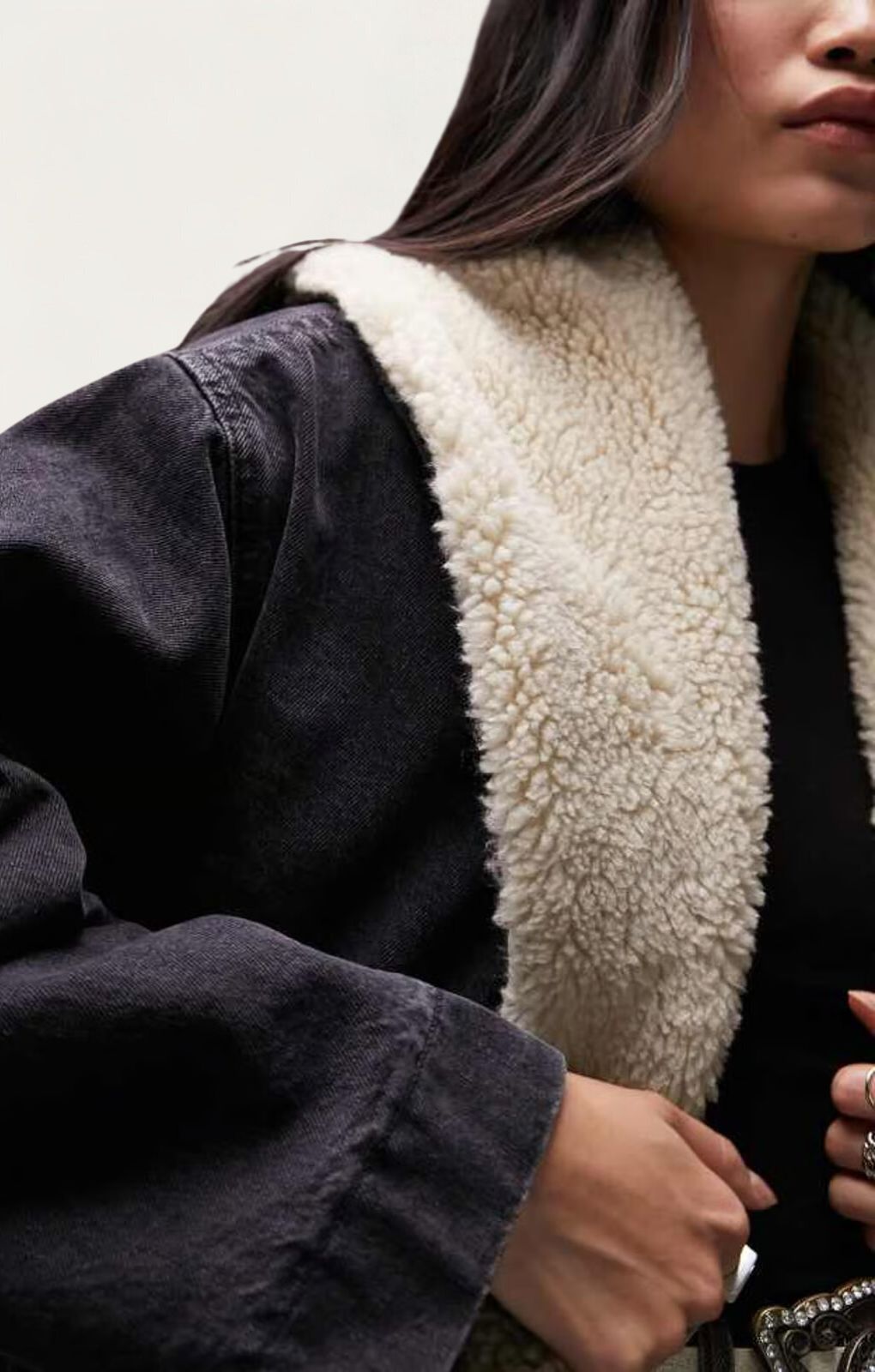 Topshop Denim Chuck On Borg Coat In Washed Black