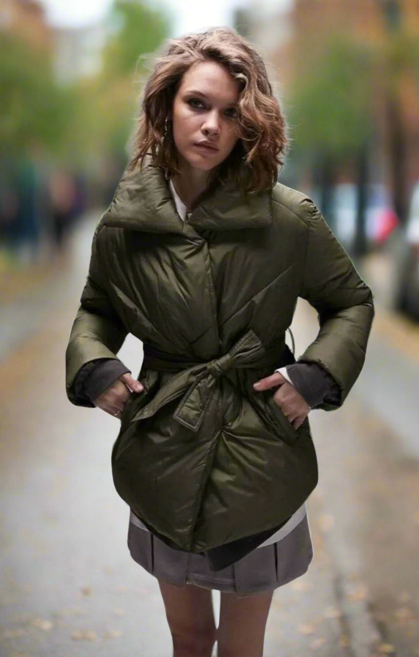 Topshop Mid Length Tie Belted Puffer Jacket In Forest Green