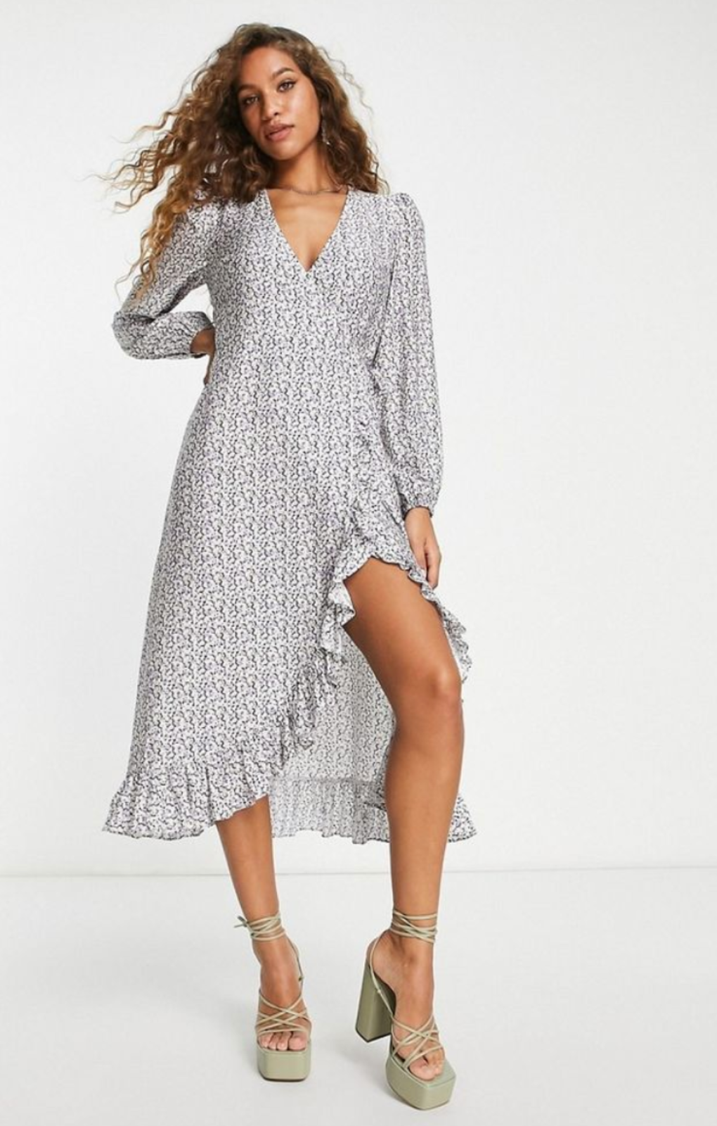 Edited Wrap Front Midi Dress With Frill Detail In Lilac Ditsy Floral – dresses by Edited, available to rent from Hirestreet