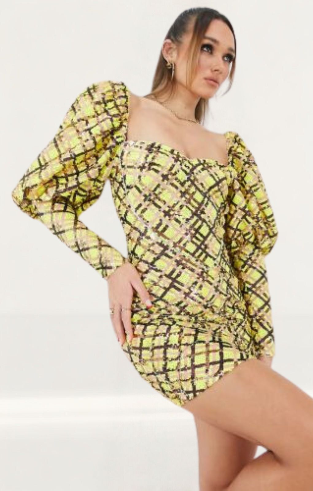 ASOS Luxe Sequin Embellished Love Heart Puff Sleeve Mini Dress In Check