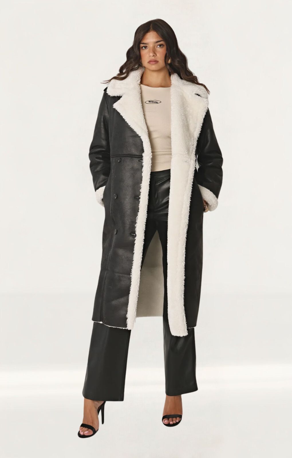 4th Reckless Premium Longline Contrast Faux Shearling Coat In Black And Cream