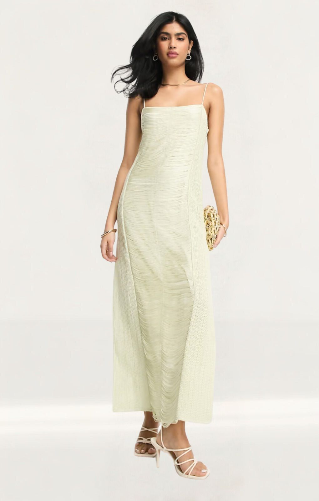 ASOS DESIGN Fringe Crochet Cami Maxi Dress In Stone