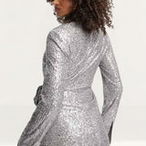 ASOS DESIGN Jersey Sequin Tie Waist Suit Blazer In Gunmetal