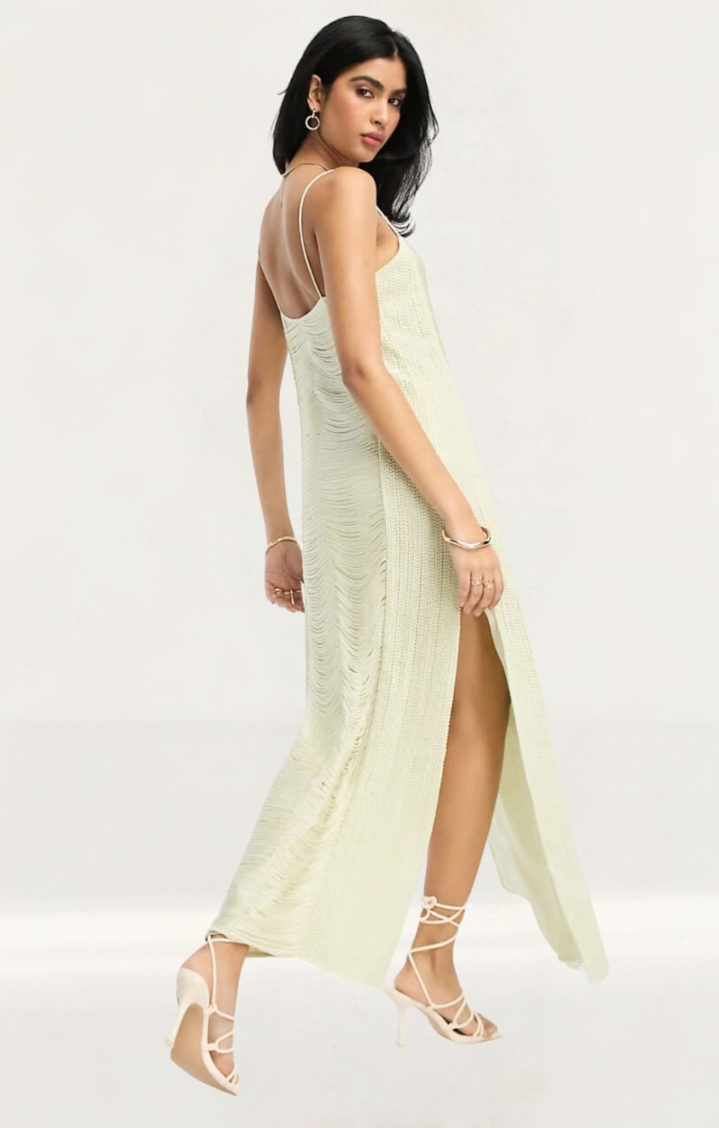 ASOS DESIGN Fringe Crochet Cami Maxi Dress In Stone