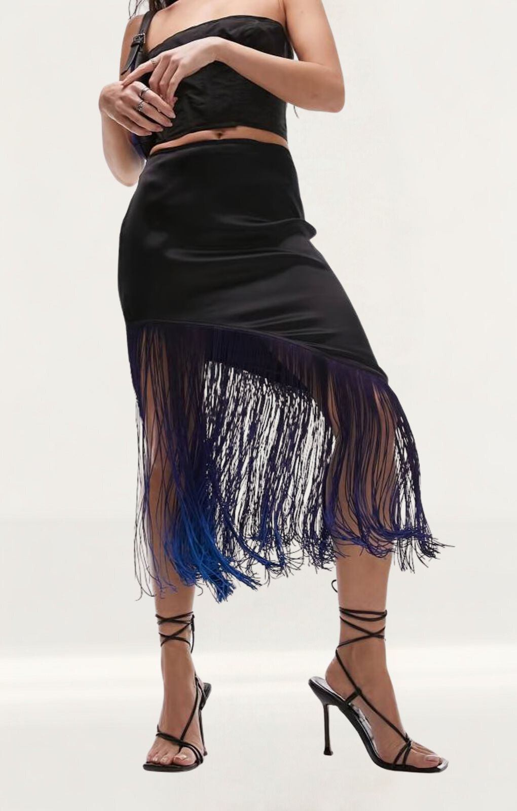 Topshop Ombre Fringe Midi Skirt In Blue And Black