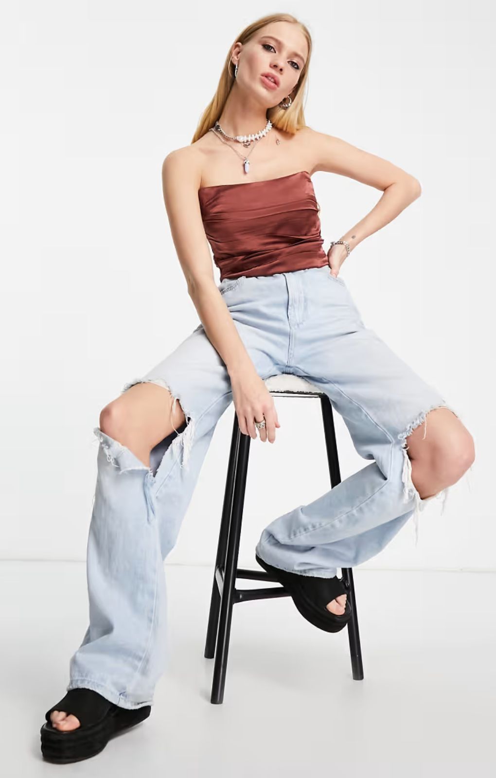 Emory Park Satin Bustier Top In Chocolate – tops by Emory Park, available to rent from Hirestreet