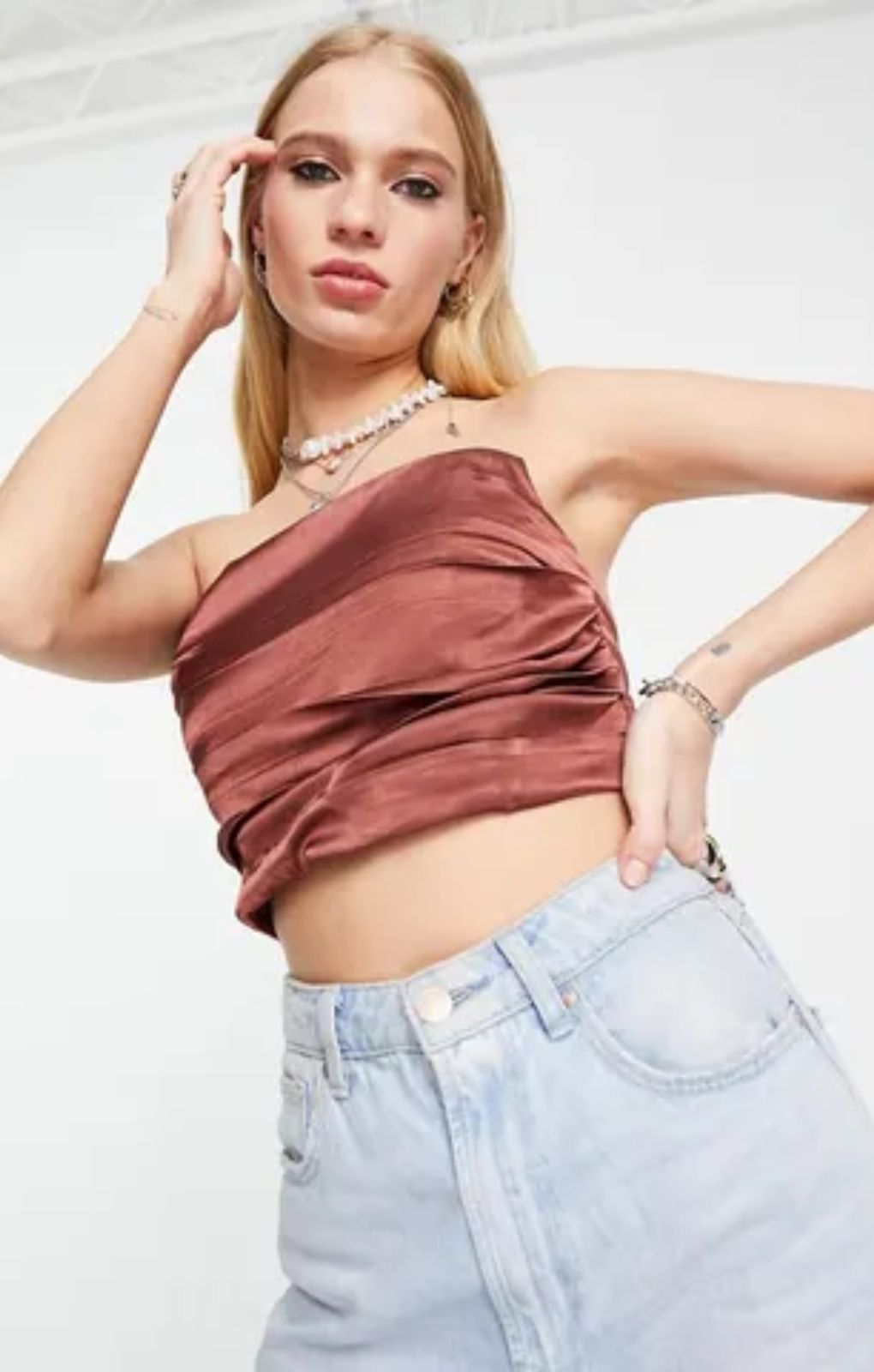 Emory Park Satin Bustier Top In Chocolate – tops by Emory Park, available to rent from Hirestreet