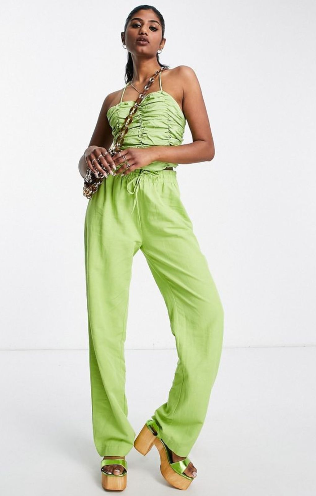 Envii Ruched Front Strappy Crop Top In Green – tops by Envii, available to rent from Hirestreet