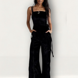 Free People Velvet Tie-Side Dungaree Jumpsuit In Black