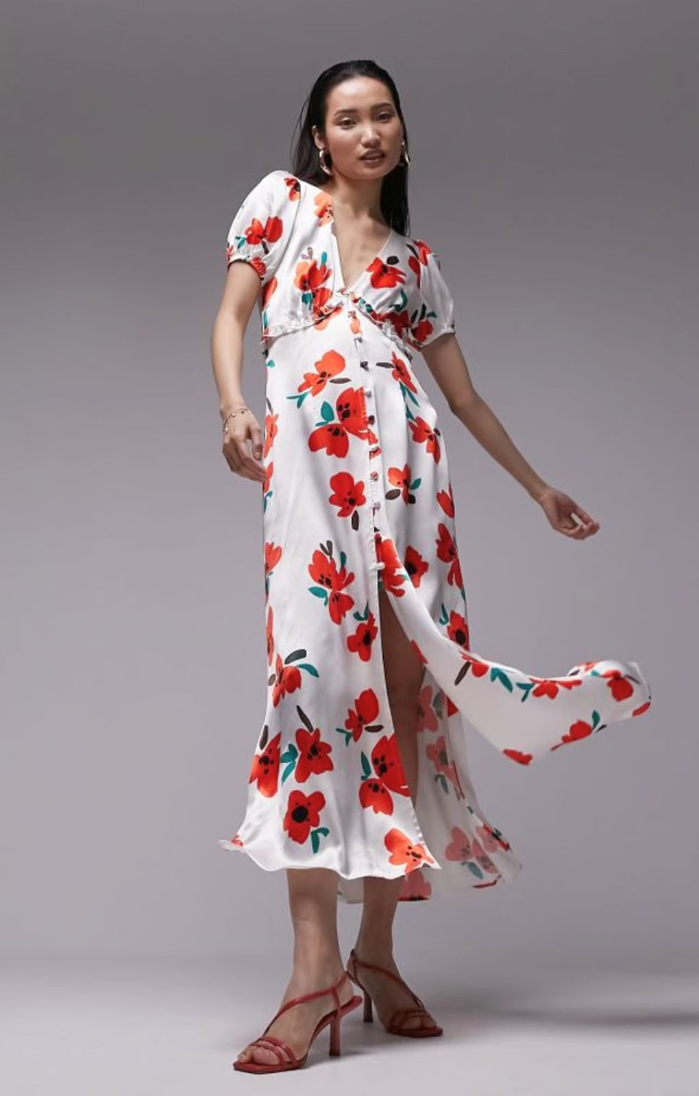 Topshop V Neck Flutter Sleeve Printed Maxi Dress With In Poppy Print