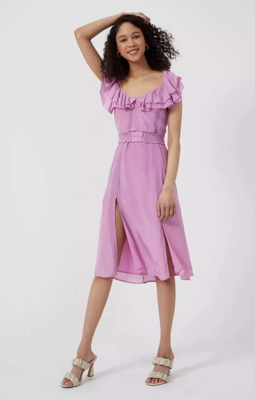 French Connection Almedina Drape Frill Neck Midi Dress Moonlite Mauve – dresses by French Connection, available to rent from Hirestreet