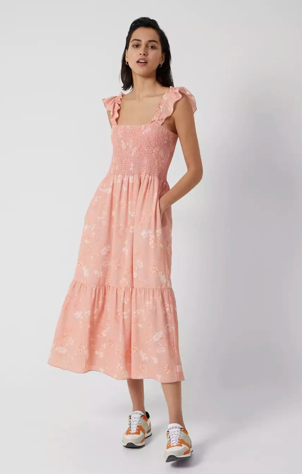 French Connection Diana Verona Drape Frill Dress Coral Pink – dresses by French Connection, available to rent from Hirestreet