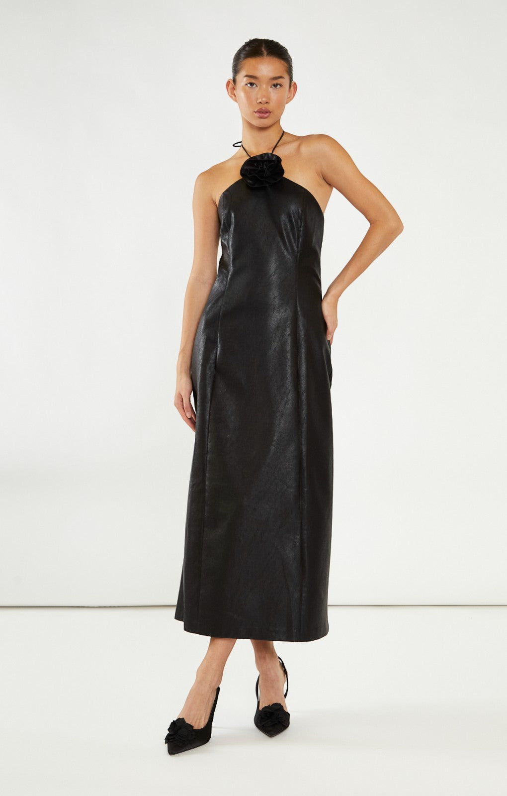 Glamorous Black PU Corsage Halter Maxi Dress