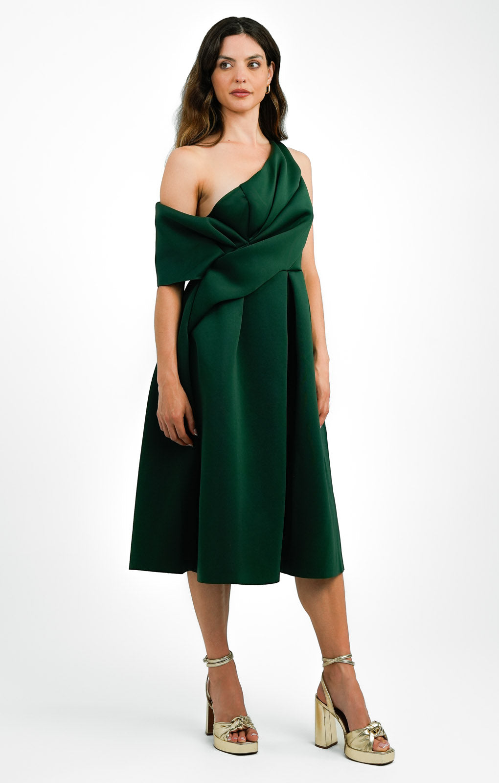 ASOS DESIGN Bare Shoulder Prom Scuba Midi Dress In Forest Green ASOS DESIGN Bare Shoulder Prom Scuba Midi Dress In Forest Green