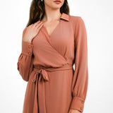 ASOS DESIGN Collared Wrap Midi Dress With Tie Belt In Terracotta