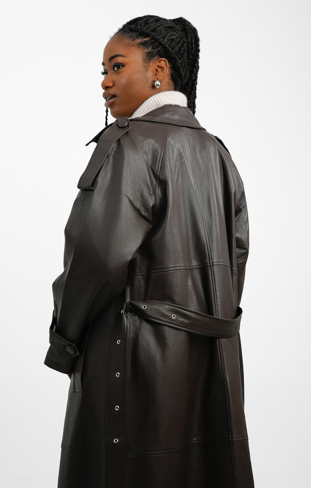 Topshop Faux Leather Trench Coat In Dark Chocolate