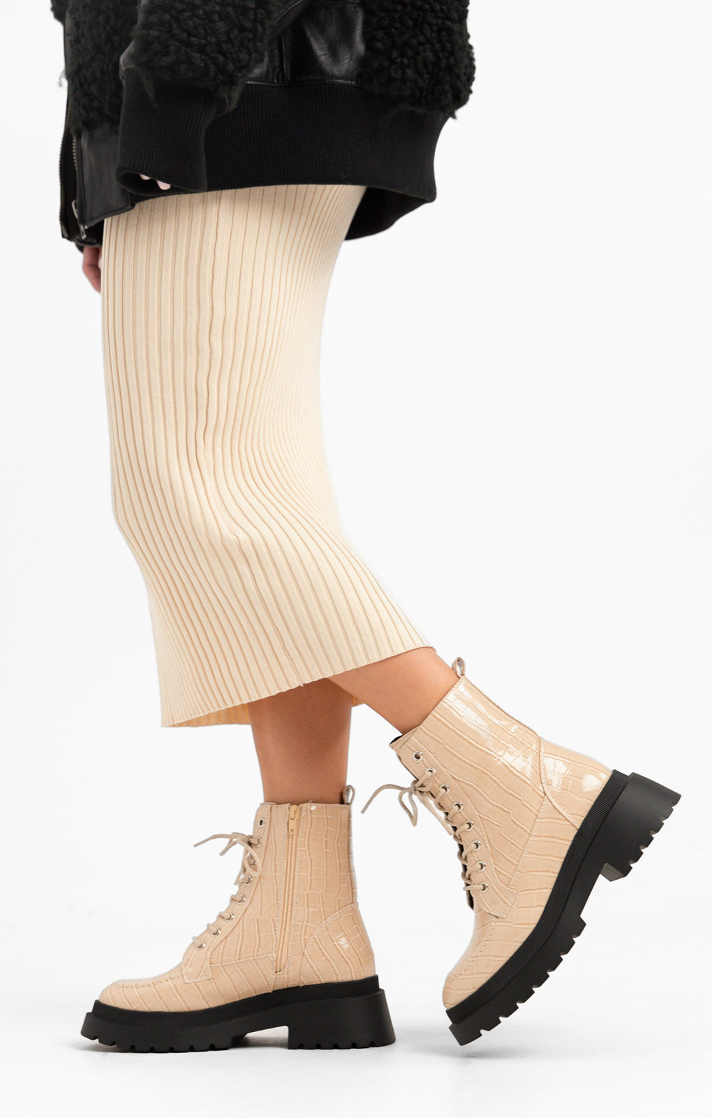 Topshop Kara Chunky Croc Lace Up Boot In Off White