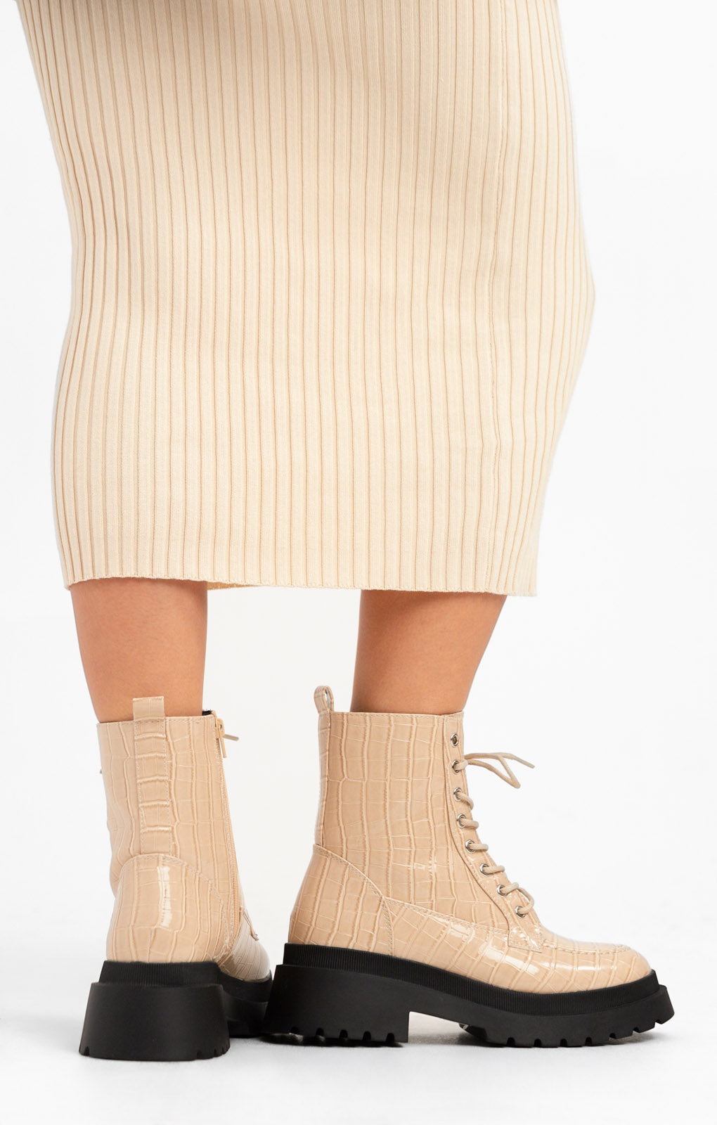 Topshop Kara Chunky Croc Lace Up Boot In Off White