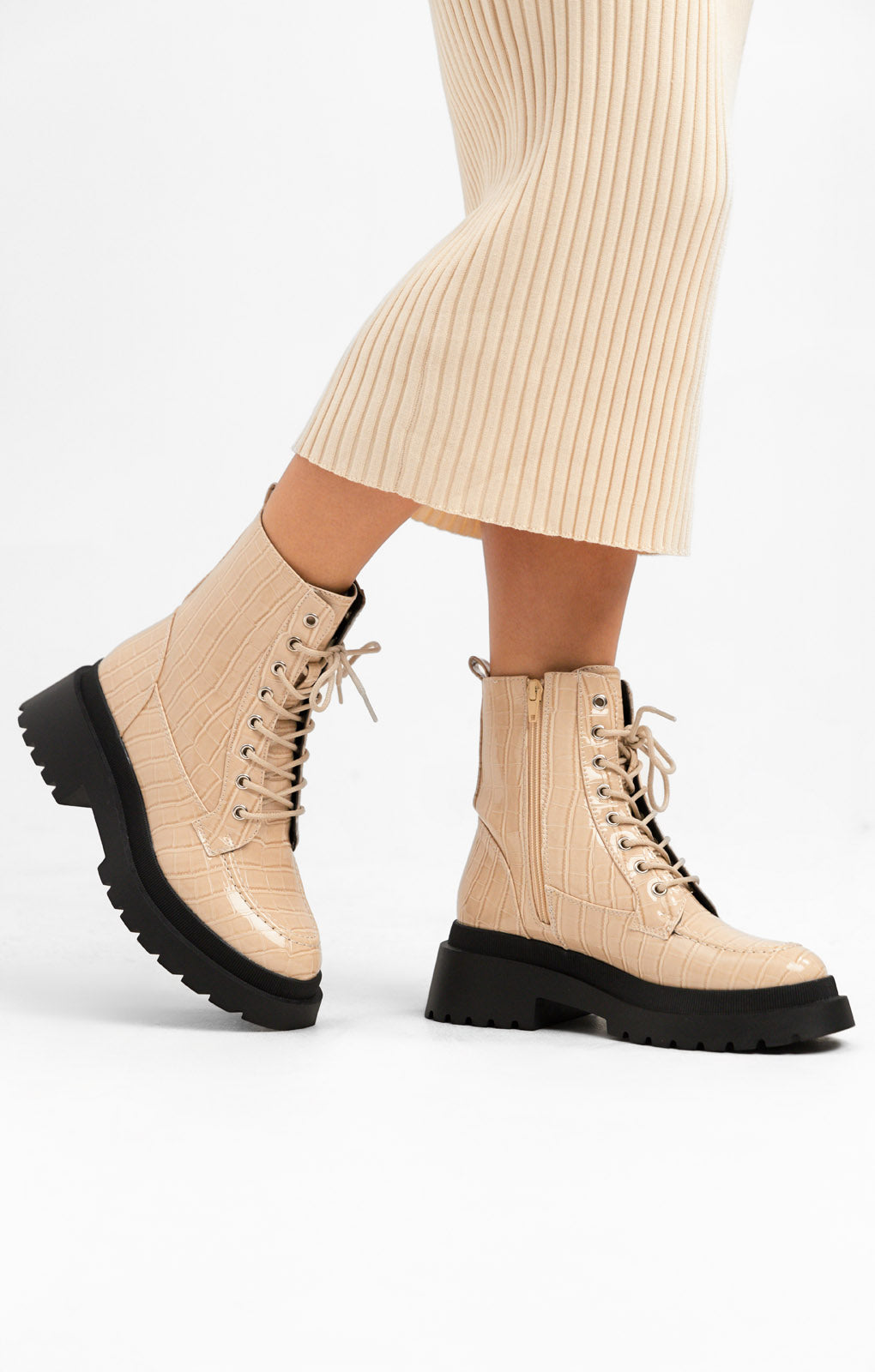 Topshop Kara Chunky Croc Lace Up Boot In Off White