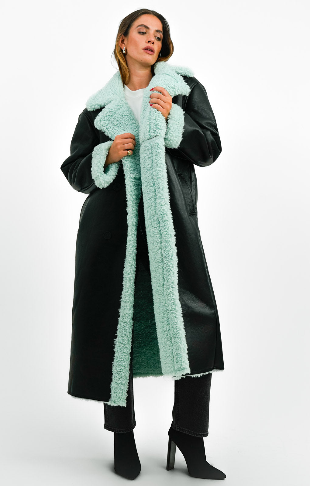 ASOS DESIGN Bonded Borg Trench Coat In Black And Mint