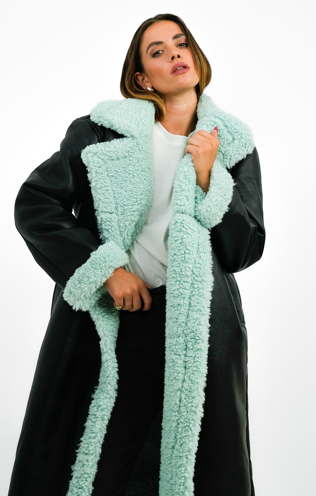 ASOS DESIGN Bonded Borg Trench Coat In Black And Mint