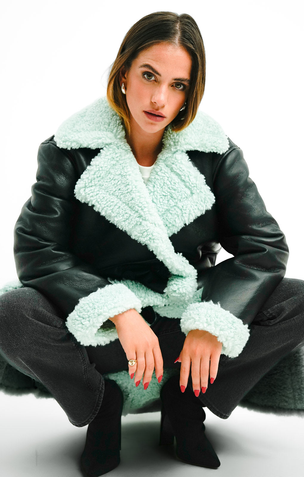 ASOS DESIGN Bonded Borg Trench Coat In Black And Mint