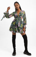 ASOS DESIGN Tie Front Soft Mini Dress With Cuff And Waist Detail In Green Floral Print