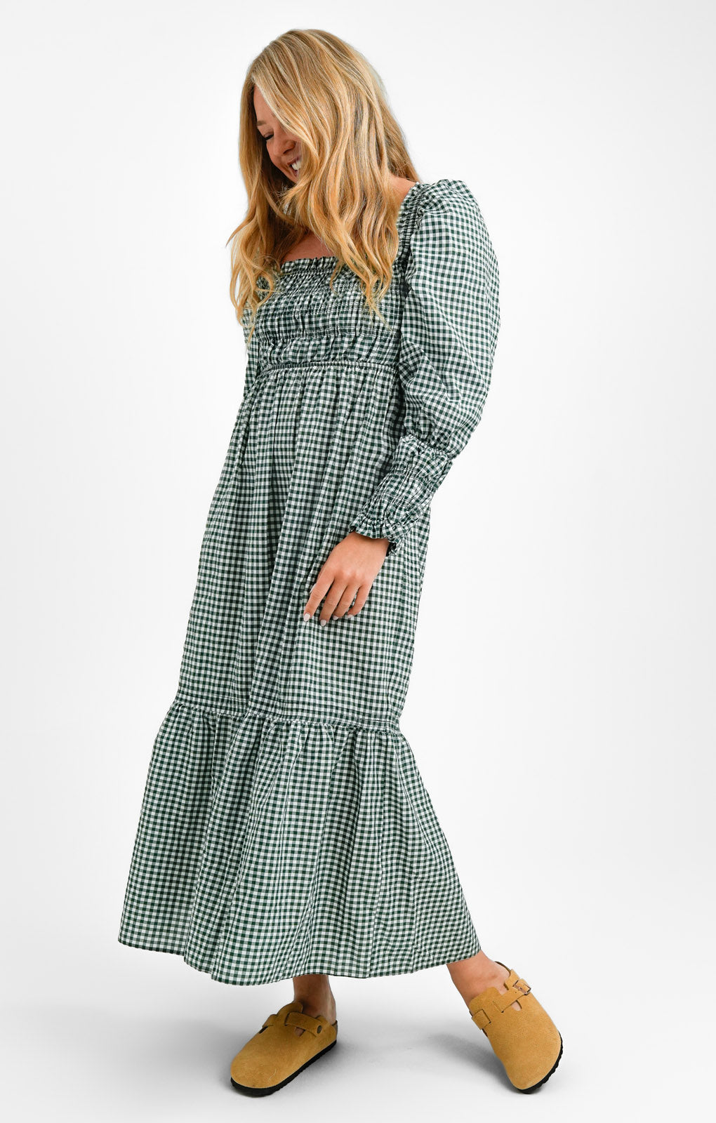 Topshop Shirred Poplin Midi Dress In Green Gingham
