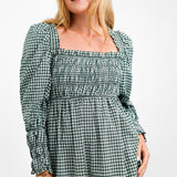 Topshop Shirred Poplin Midi Dress In Green Gingham
