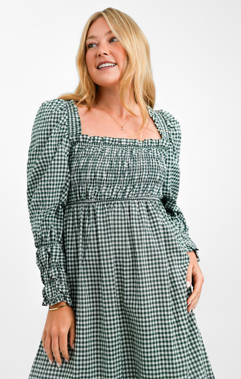 Topshop Shirred Poplin Midi Dress In Green Gingham