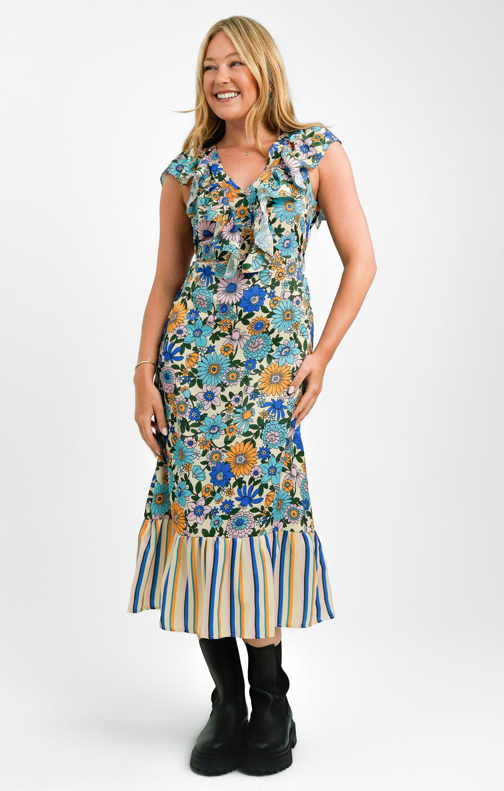 Topshop Mix And Match Stripe And Floral Midi Dress In Multi